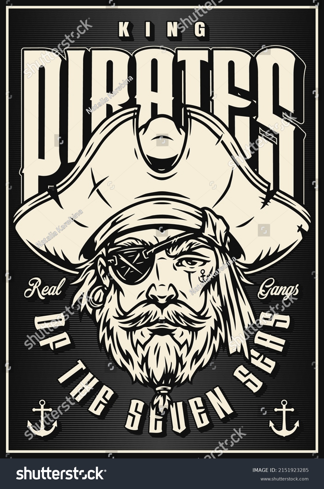 SVG of Monochrome poster with pirate face, wearing hat and eye patch marine illustration vector vintage style svg
