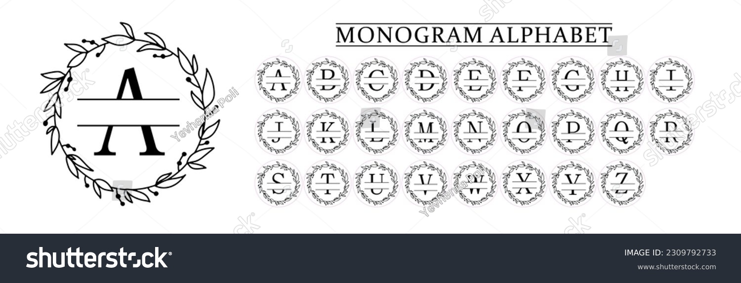 SVG of Monogram Alphabet and Floral Motifs, Vector Cricut File, Monogram Stickers with Cutting Lines, Monogram Letters With Floral Frames   svg
