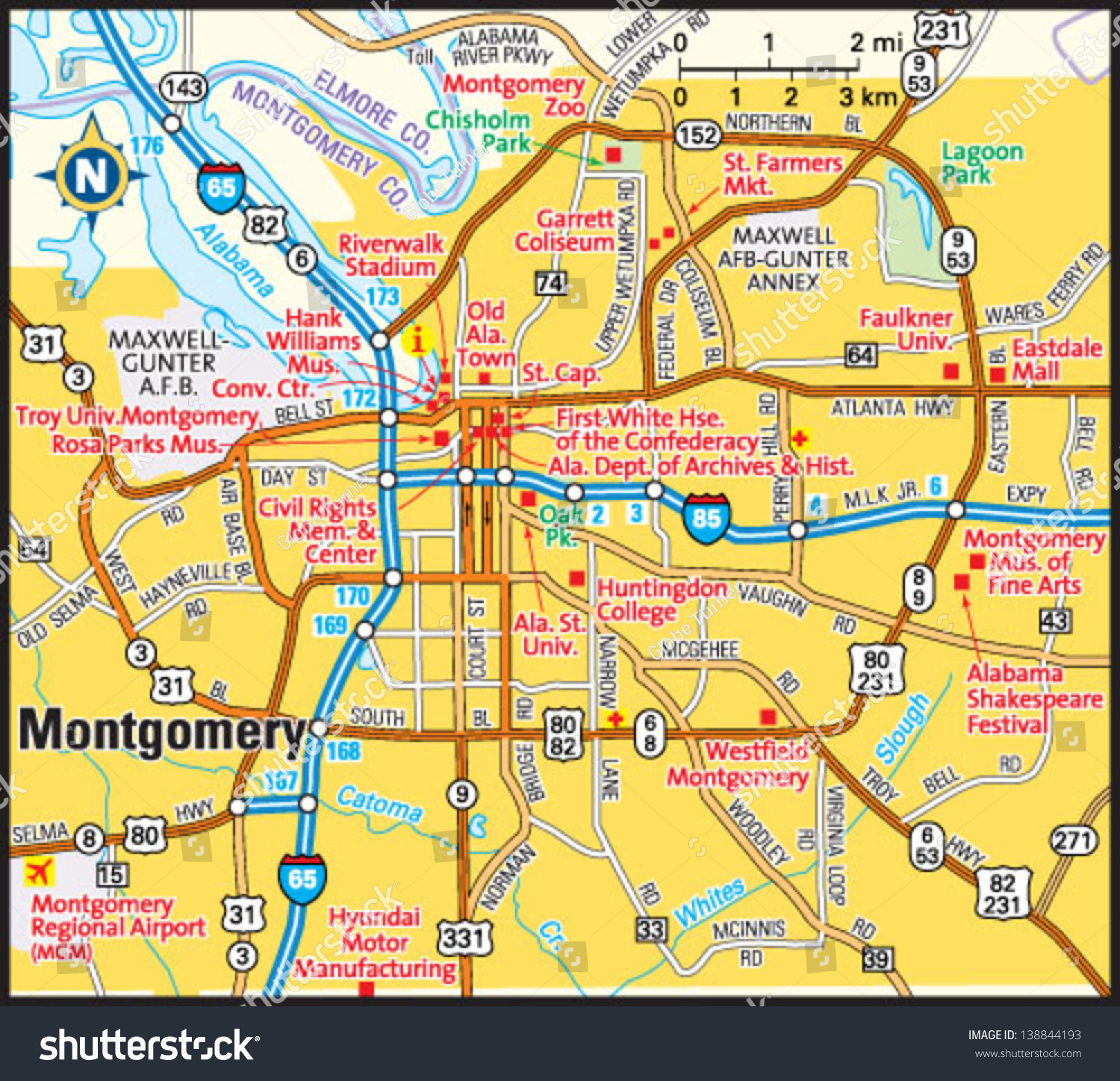 Map Of Montgomery Alabama Montgomery Alabama Area Map Stock Vector (Royalty Free) 138844193