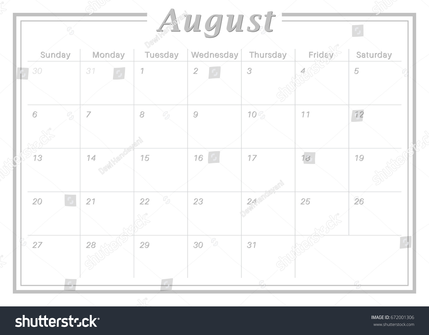Monthly Calendar August 2017 Stock Vector (Royalty Free) 672001306
