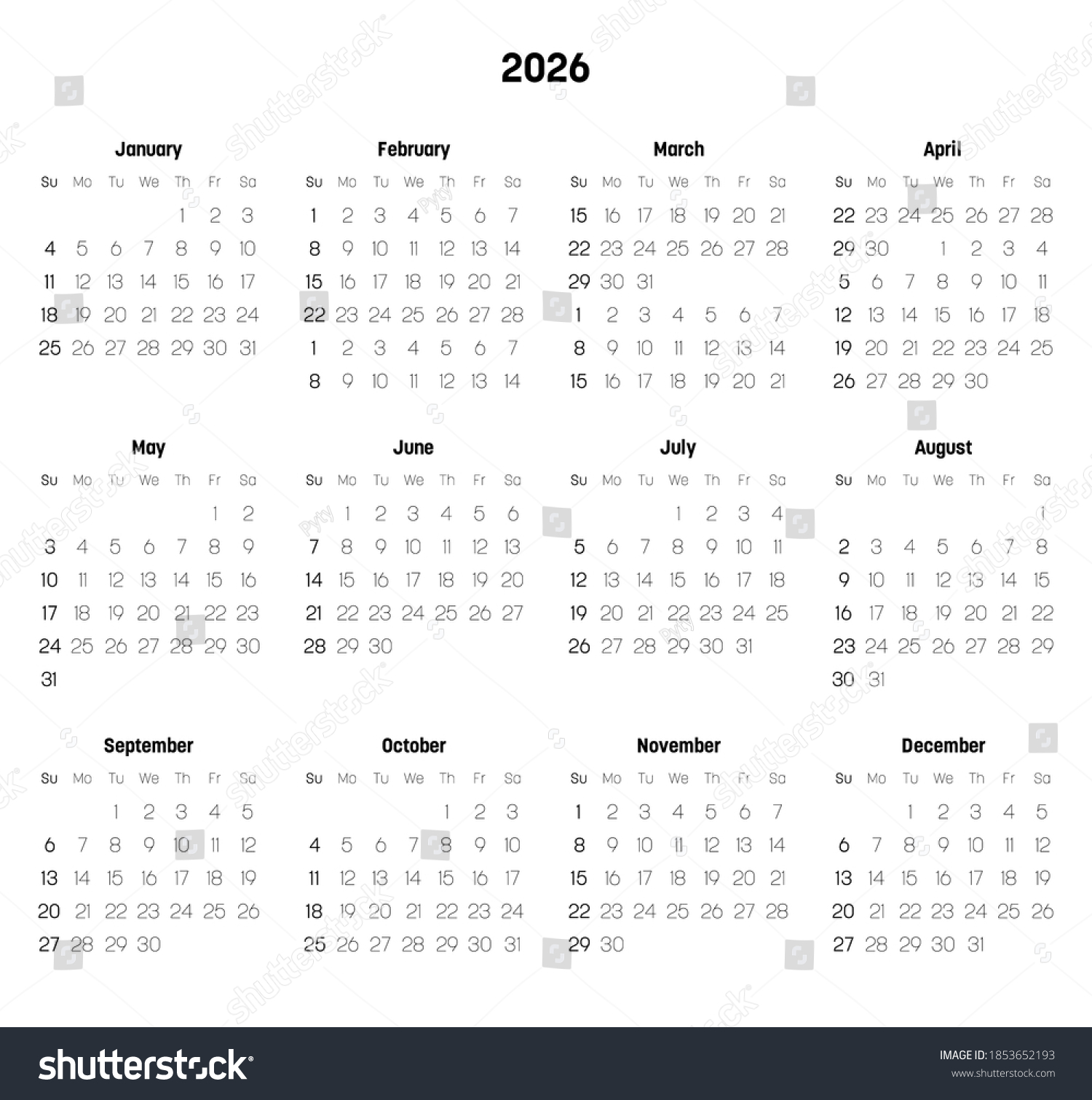 Monthly Calendar Year 2026 Week Starts Stock Vector (Royalty Free ...