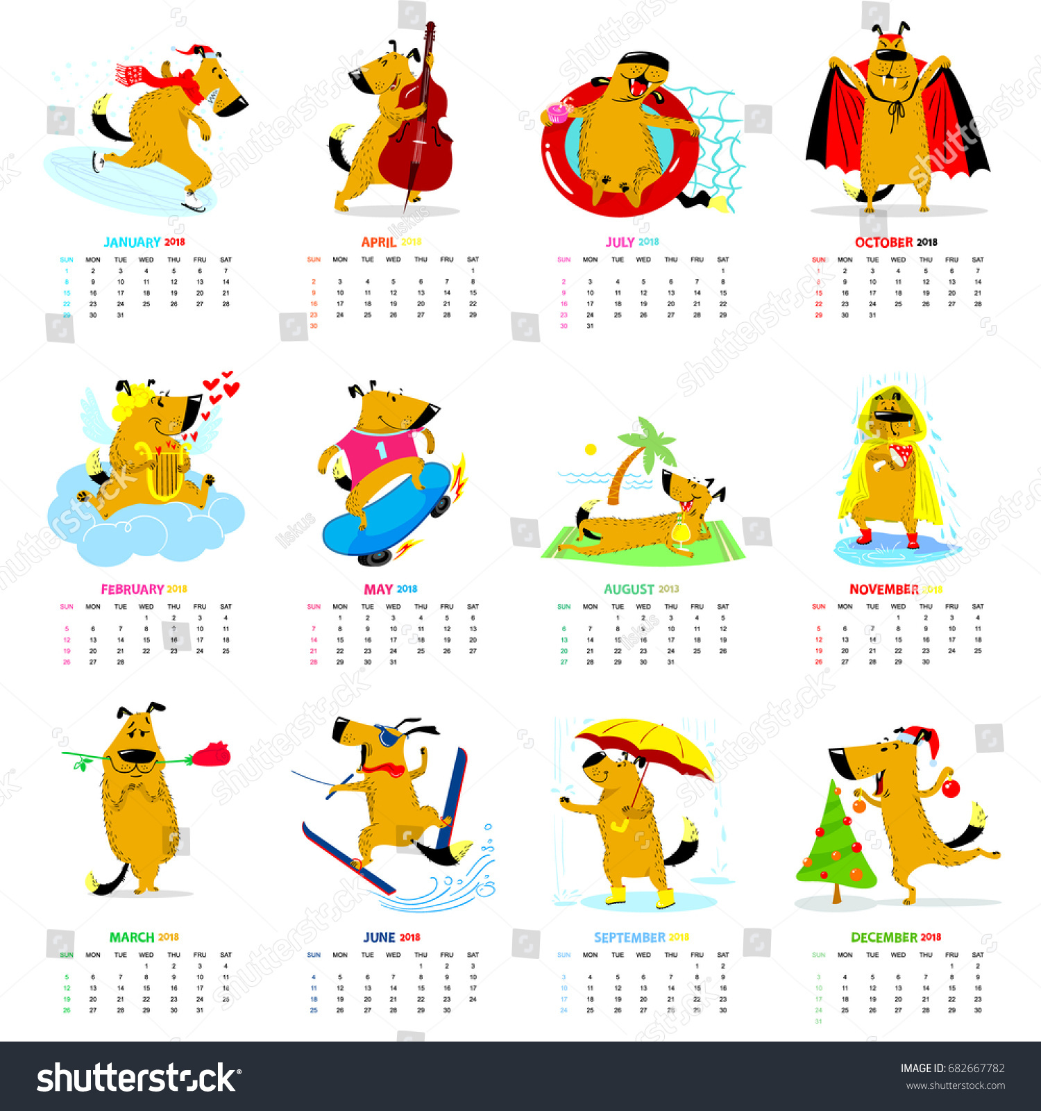 printing offset website Calendar Monthly Cute Stock Vector Dogs Winter 2018