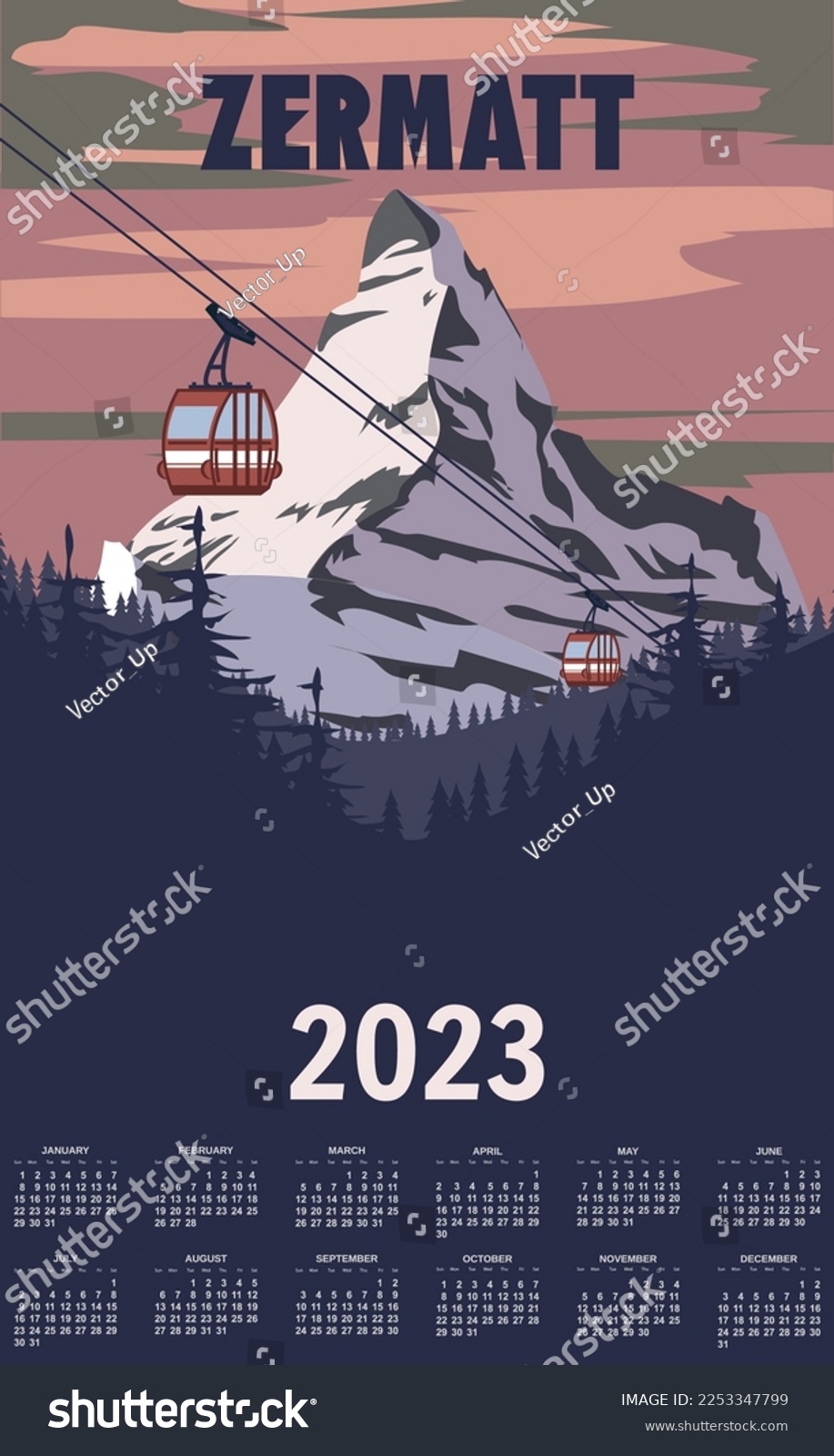 SVG of Monthly calendar 2023 year Zermatt Ski resort poster, retro. Alpes Winter travel card svg