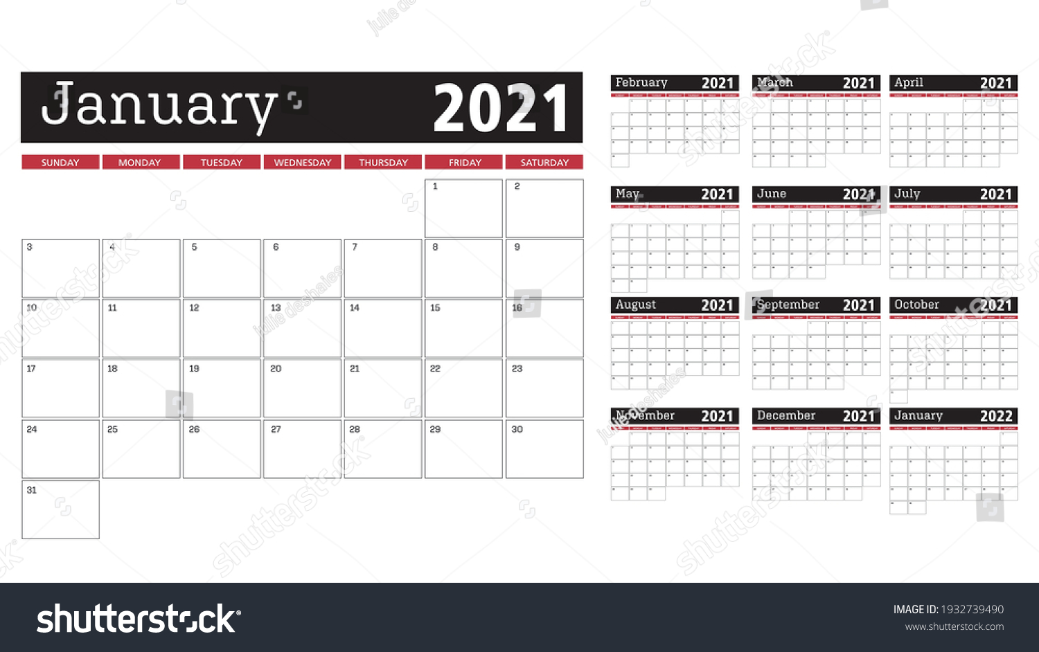 Monthly Organization Calendar Template Grid 2021 Stock Vector (Royalty ...