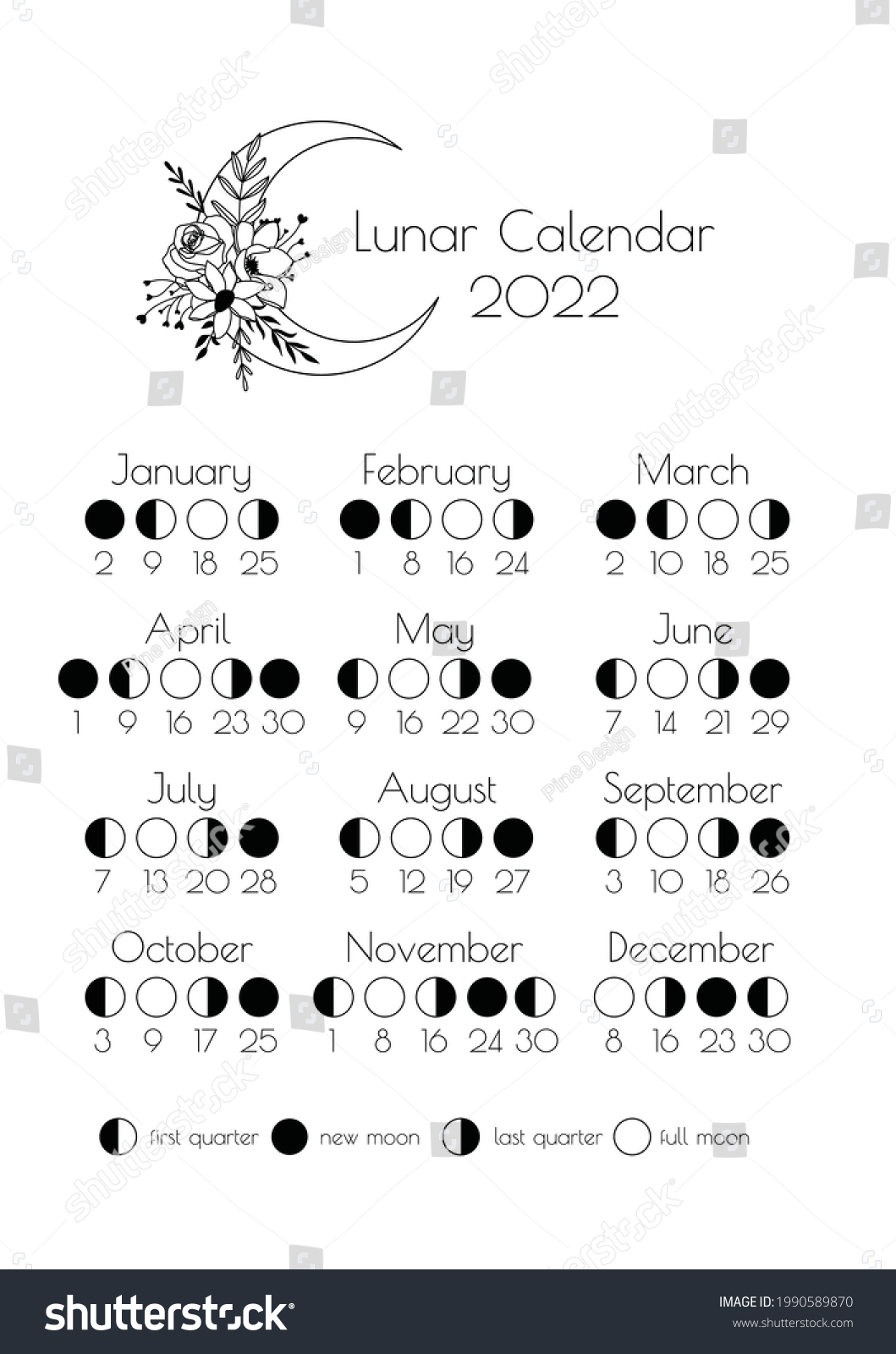 March 2022 Moon Calendar Moon Calendar 2022 Moon Phases 2022 Stock Vector (Royalty Free) 1990589870