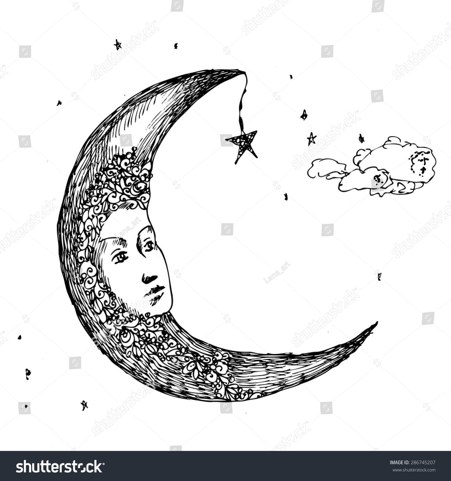 Moon. Drawing Pen. Fabulous, The Image Of The Heavenly Moon.Sketch For ...