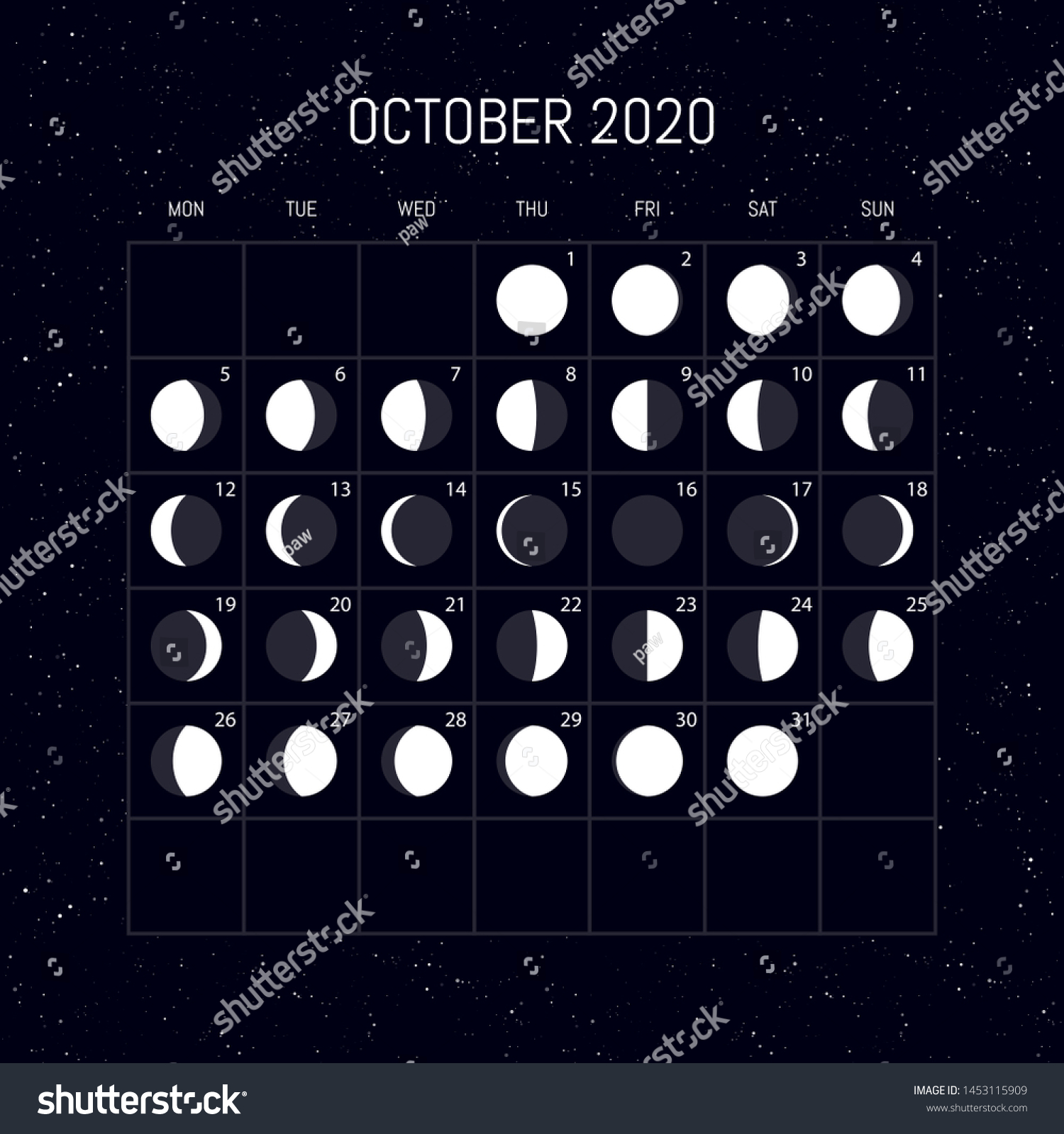 Moon Phases Calendar 2020 Year October Stock Vector Royalty Free 1453115909