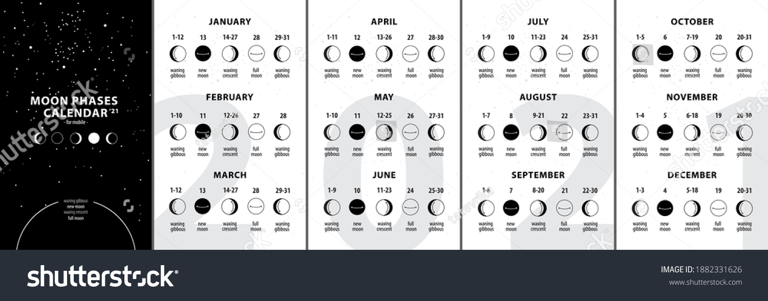 Vektor Stok Moon Phases Calendar 2021 Waning Gibbous Tanpa Royalti 1882331626 Shutterstock 