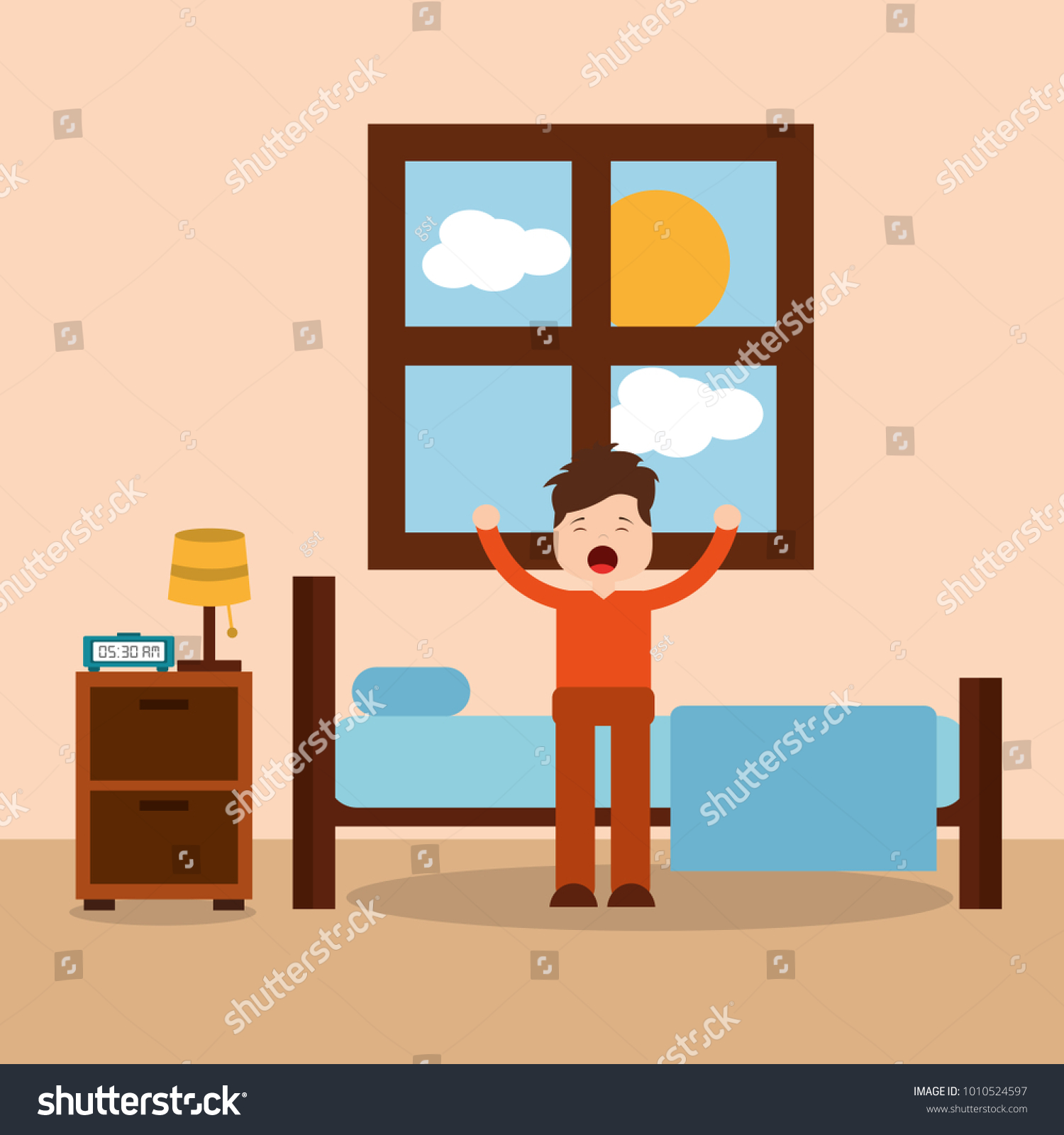 Morning Bedroom Cartoon Character Waking Stretching Stock Vector ...