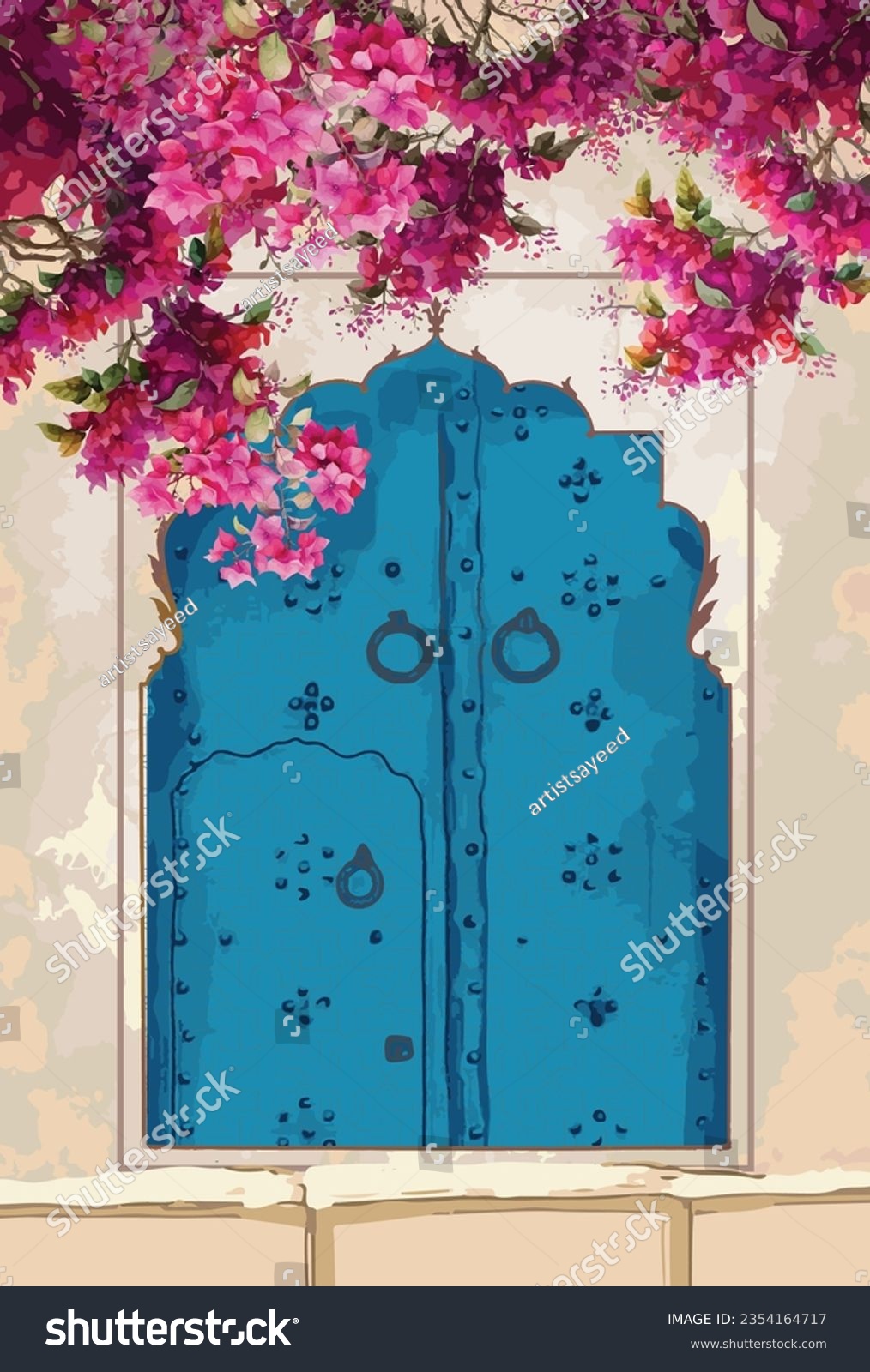 SVG of Moroccan ethnic door pattern with watercolor bougainvillea flowers illustration for wall art svg