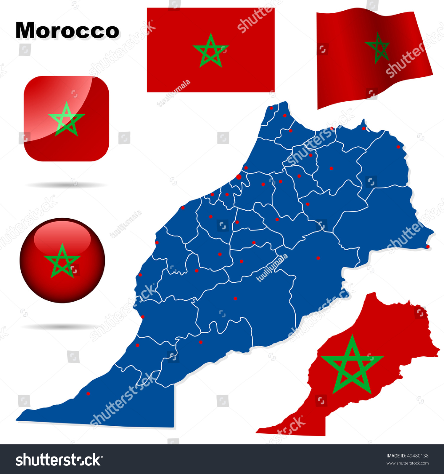 Morocco Vector Set. Detailed Country Shape With Region Borders, Flags ...