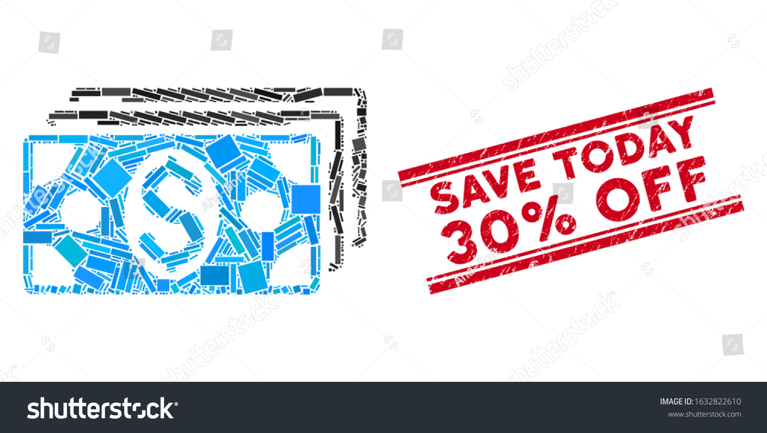 SVG of Mosaic dollar banknotes icon and red Save Today 30% Off seal between double parallel lines. Flat vector dollar banknotes mosaic icon of scattered rotated rectangular items. svg
