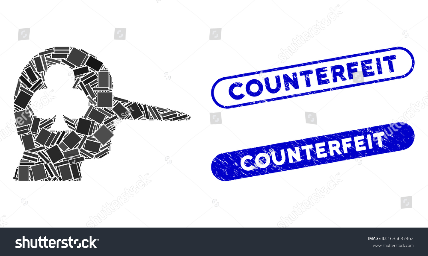 SVG of Mosaic gambling jerk and corroded stamp seals with Counterfeit caption. Mosaic vector gambling jerk is composed with randomized rectangle items. Counterfeit stamp seals use blue color, svg