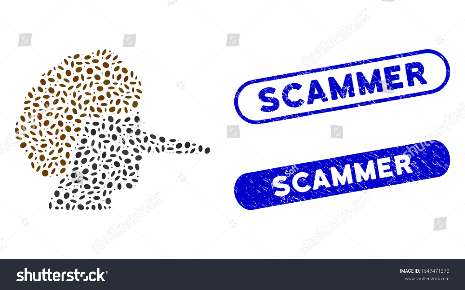SVG of Mosaic liar and corroded stamp seals with Scammer phrase. Mosaic vector liar is composed with scattered ellipse spots. Scammer stamp seals use blue color, and have round rectangle shape. svg