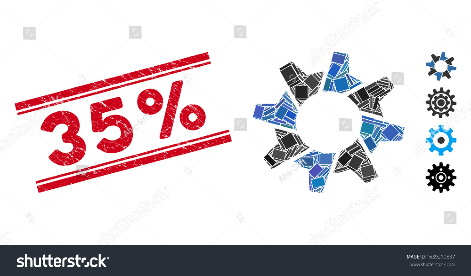 SVG of Mosaic tooth gear icon and red 35% stamp between double parallel lines. Flat vector tooth gear mosaic icon of randomized rotated rectangle items. Red 35% stamp imprint with rubber textures. svg