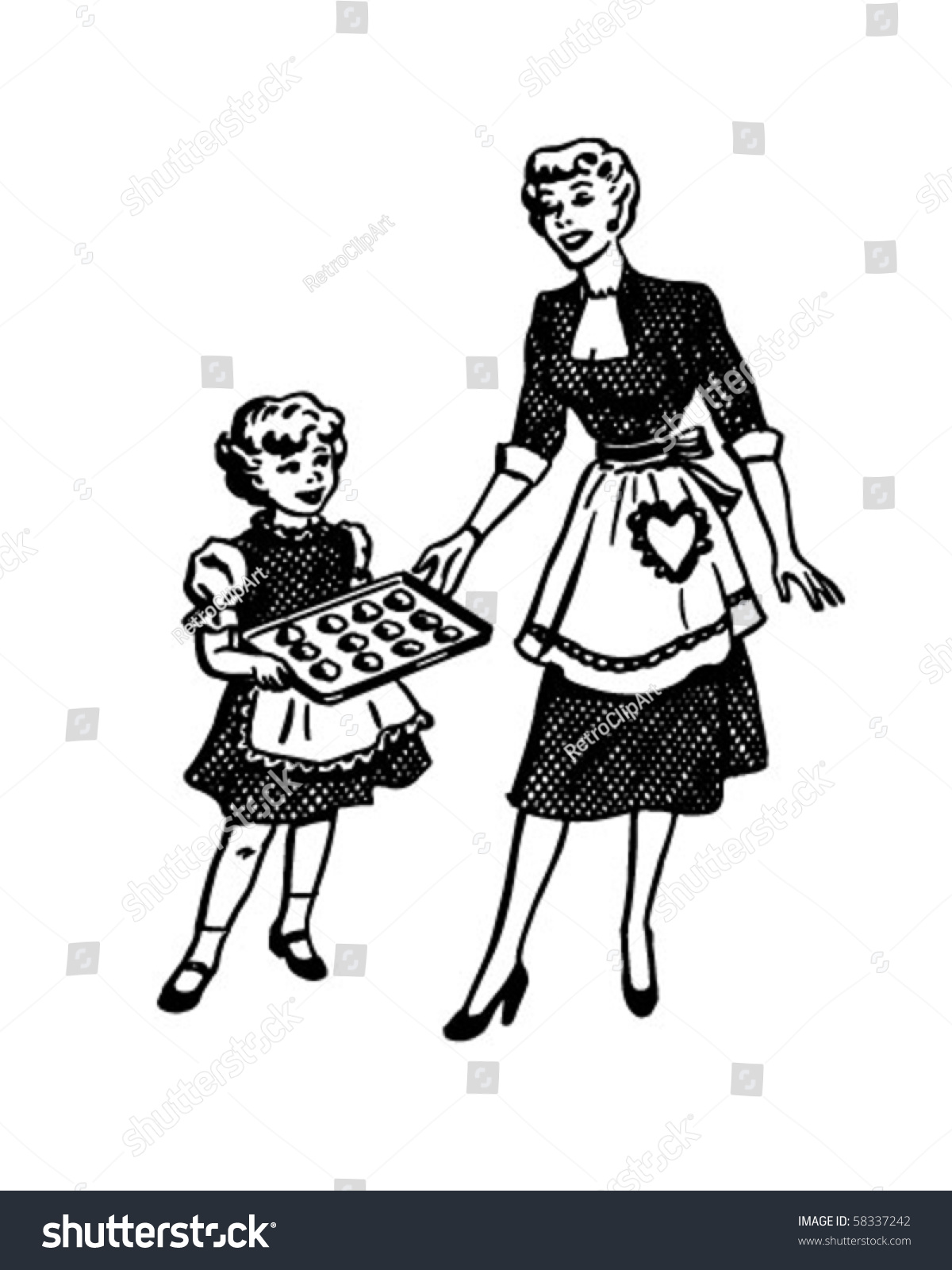 Mother Daughter Baking Retro Clip Art Stock Vector 58337242 - Shutterstock