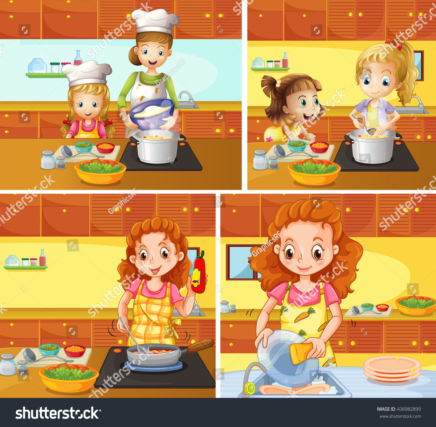 Mother Daughter Cooking Cleaning Illustration Stock Vector Royalty Free 436982899