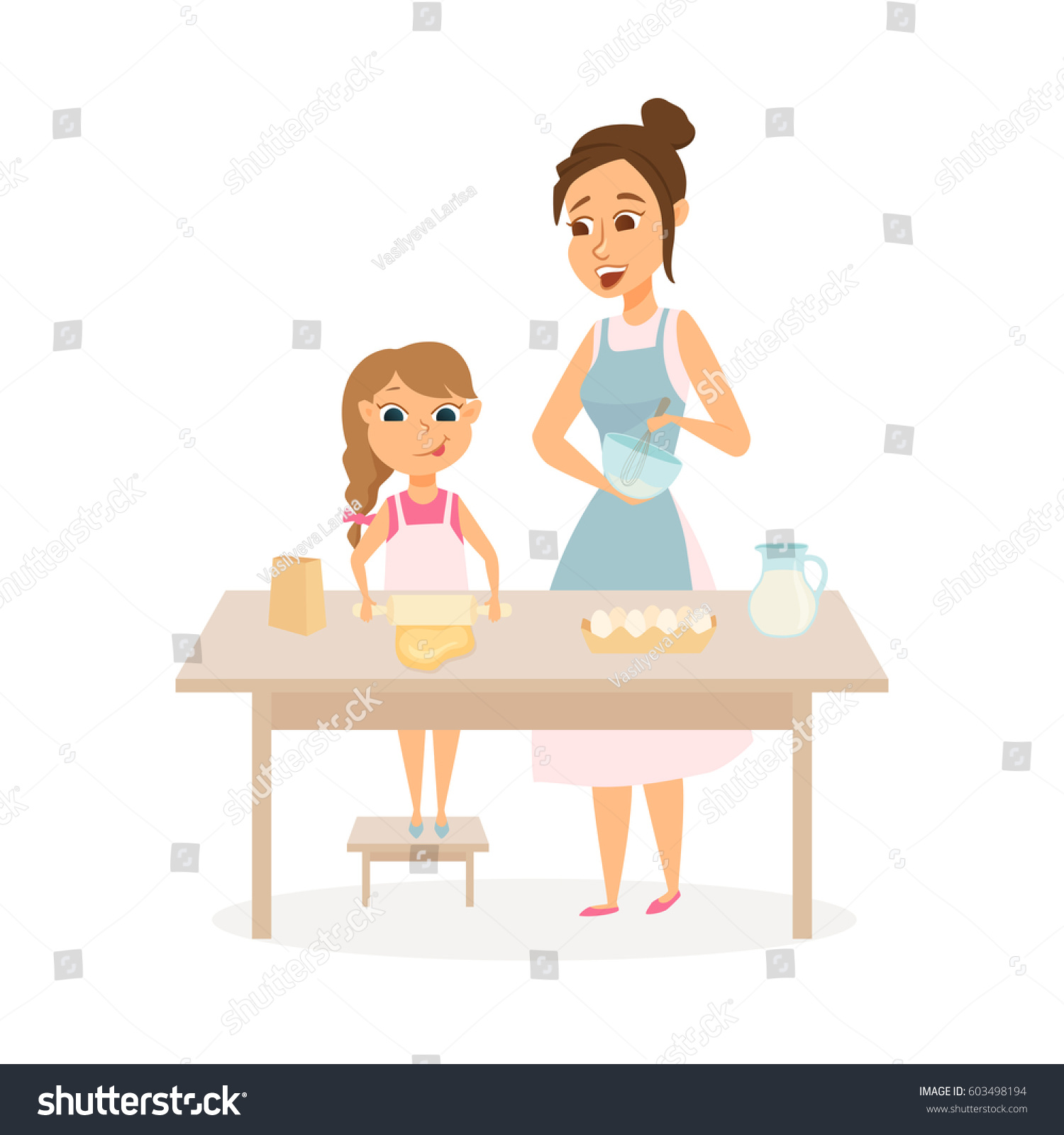 Mother Daughter Cooking On Kitchen Mom Stock Vector 603498194