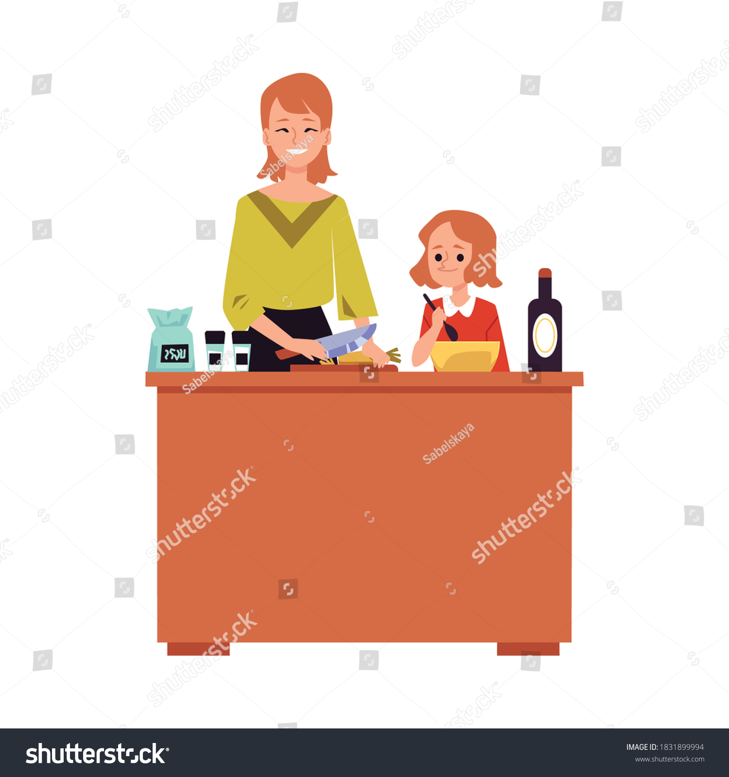 Mother Daughter Cooking Together Behind Kitchen Stock Vector Royalty