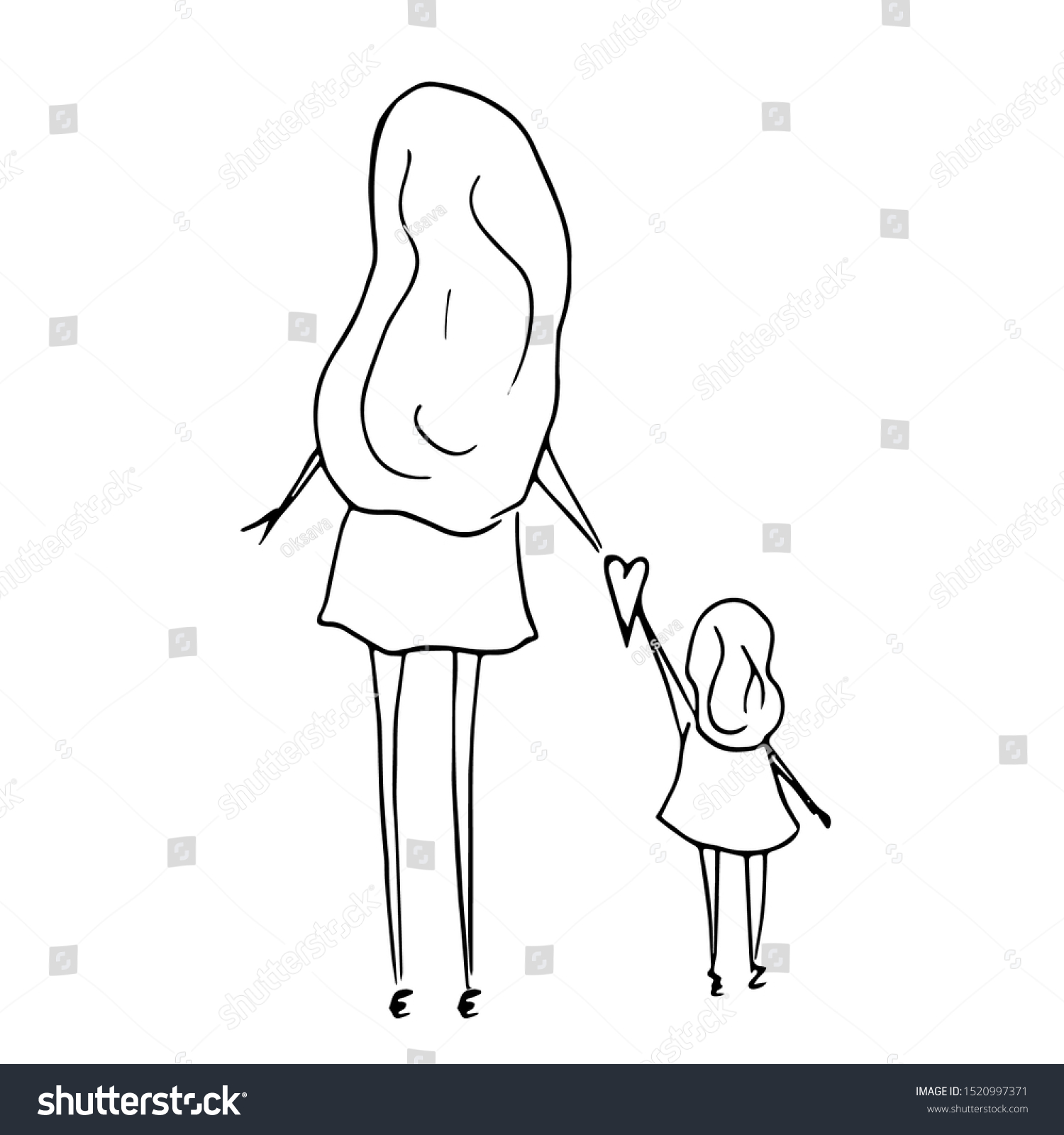 Mother Daughter Holding Hands Line Drawing Stock Vector (Royalty Free