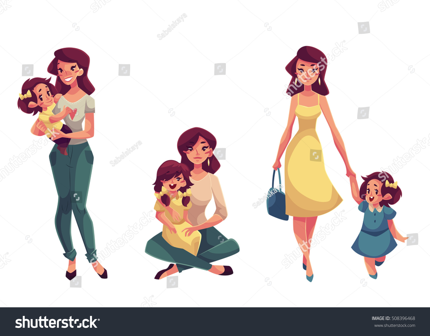 Mother And Daughter Set Of Cartoon Vector Illustrations Isolated On