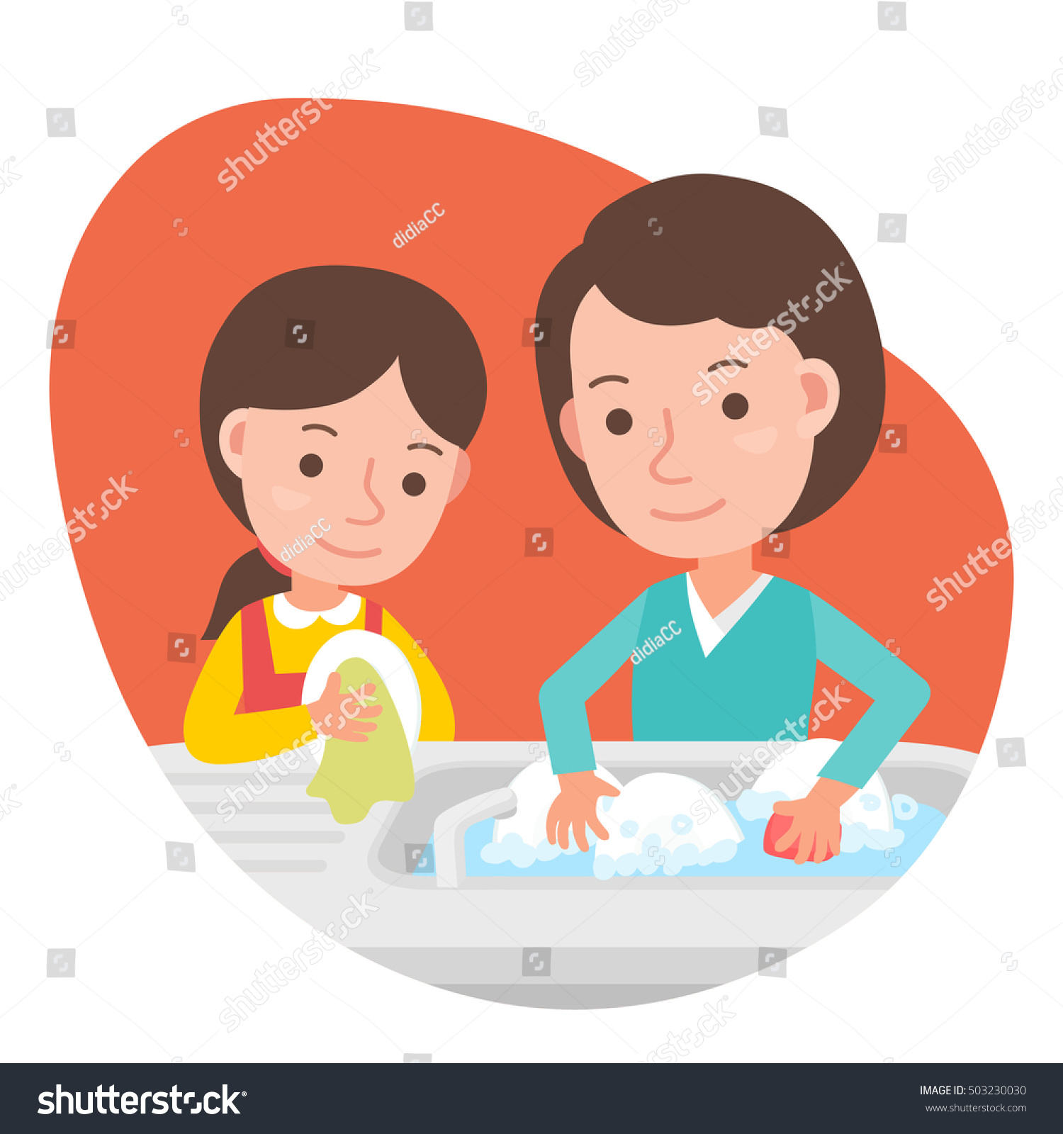 Mother Daughter Washing Dishes Stock Vector (Royalty Free) 503230030