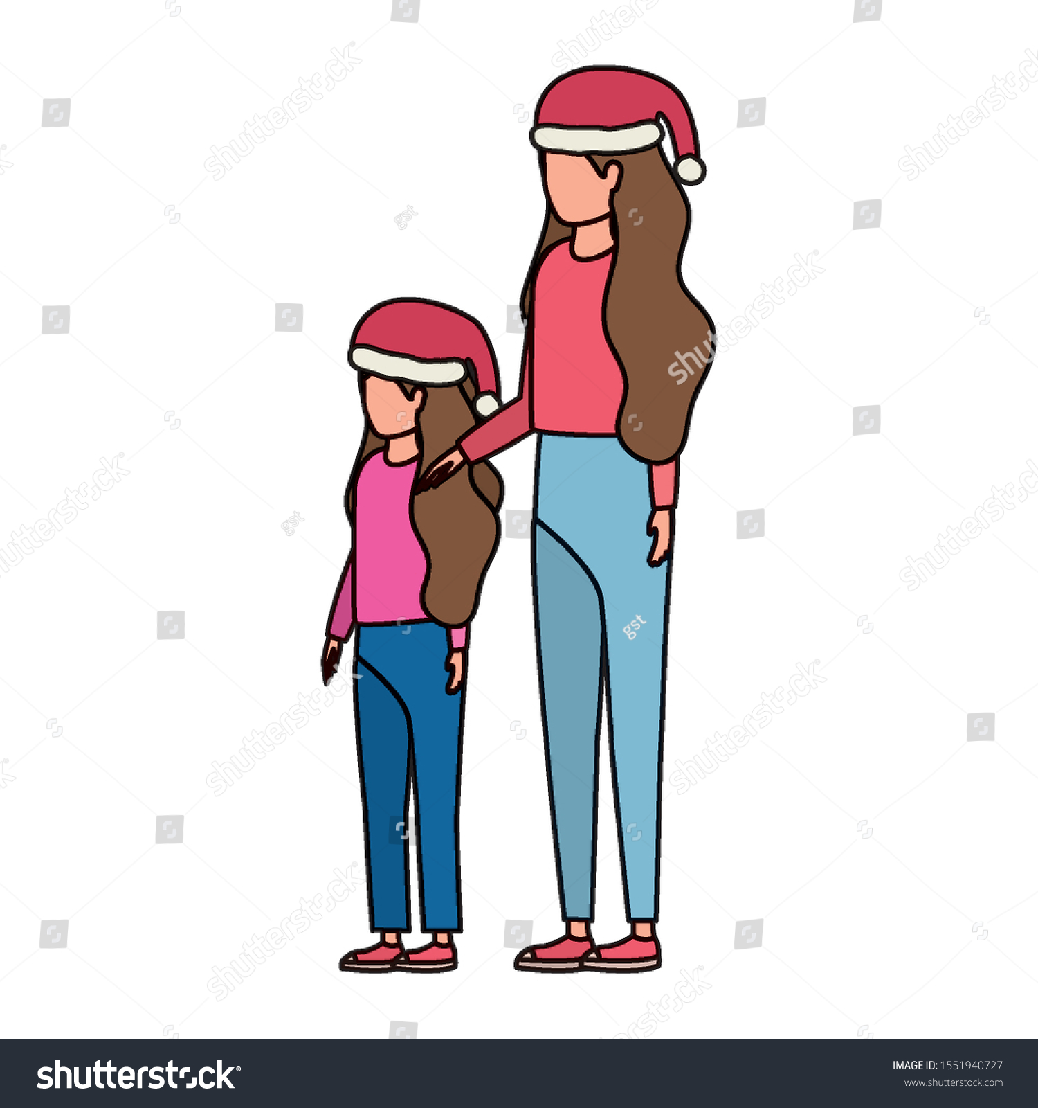 Mother Daughter Christmas Hats Characters Vector Stock Vector Royalty