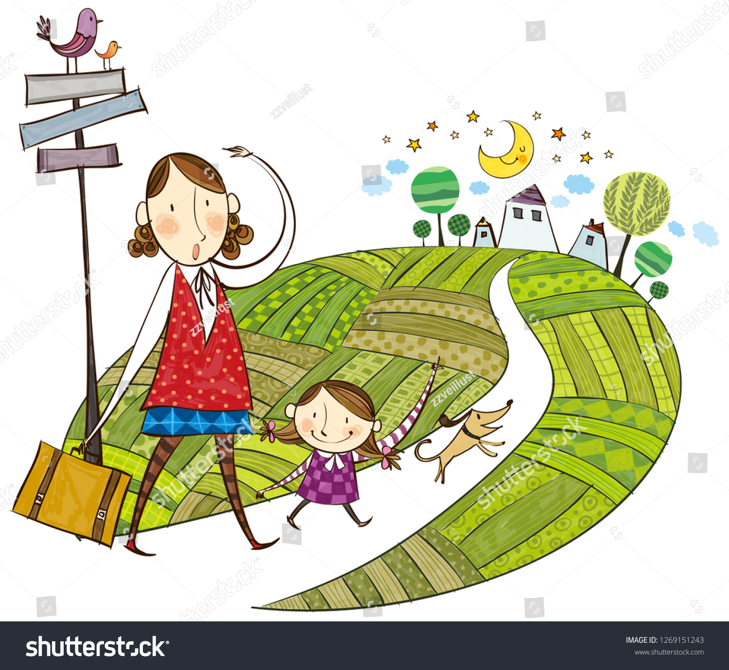 Mother Daughter Far House Stock Vector Royalty Free
