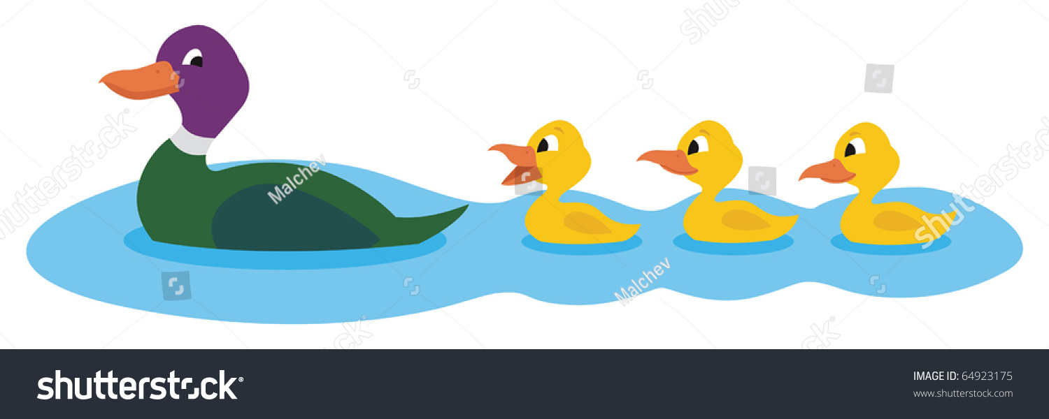 Mother Duck Swimming With Her Three Little Ducklings. Stock Vector ...