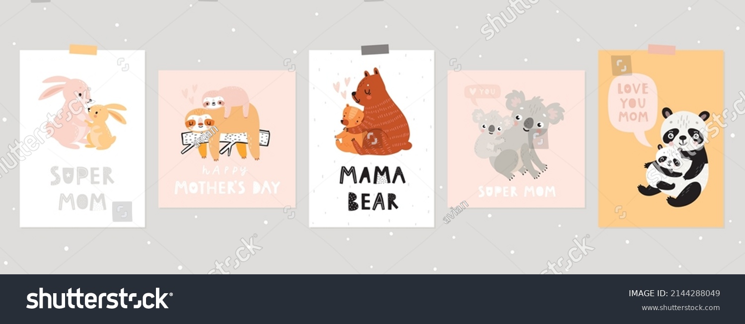 SVG of Mother's Day hand drawn style cards. posters with cute animal characters - mother and baby - panda, bear, koala, sloth, penguin and rabbit.  Vector illustration. svg