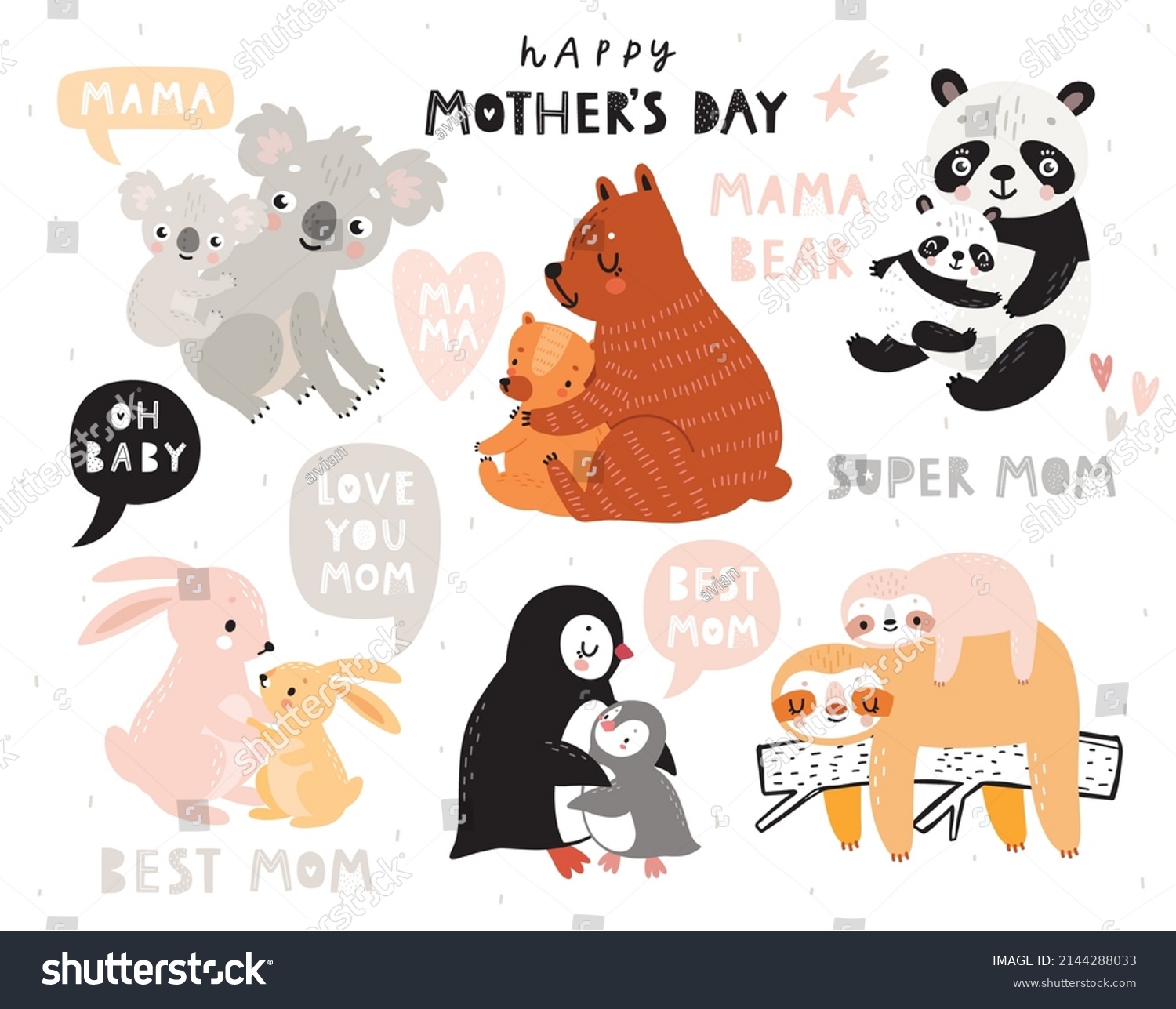 SVG of Mother's Day hand drawn style clipart. Cute animal characters - mother and baby - panda, bear, koala, sloth, penguin and rabbit.  Vector illustration. svg