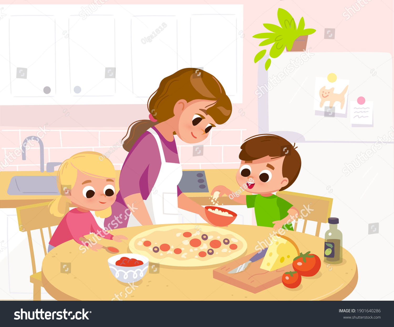 child in kitchen Stock Illustrations photo