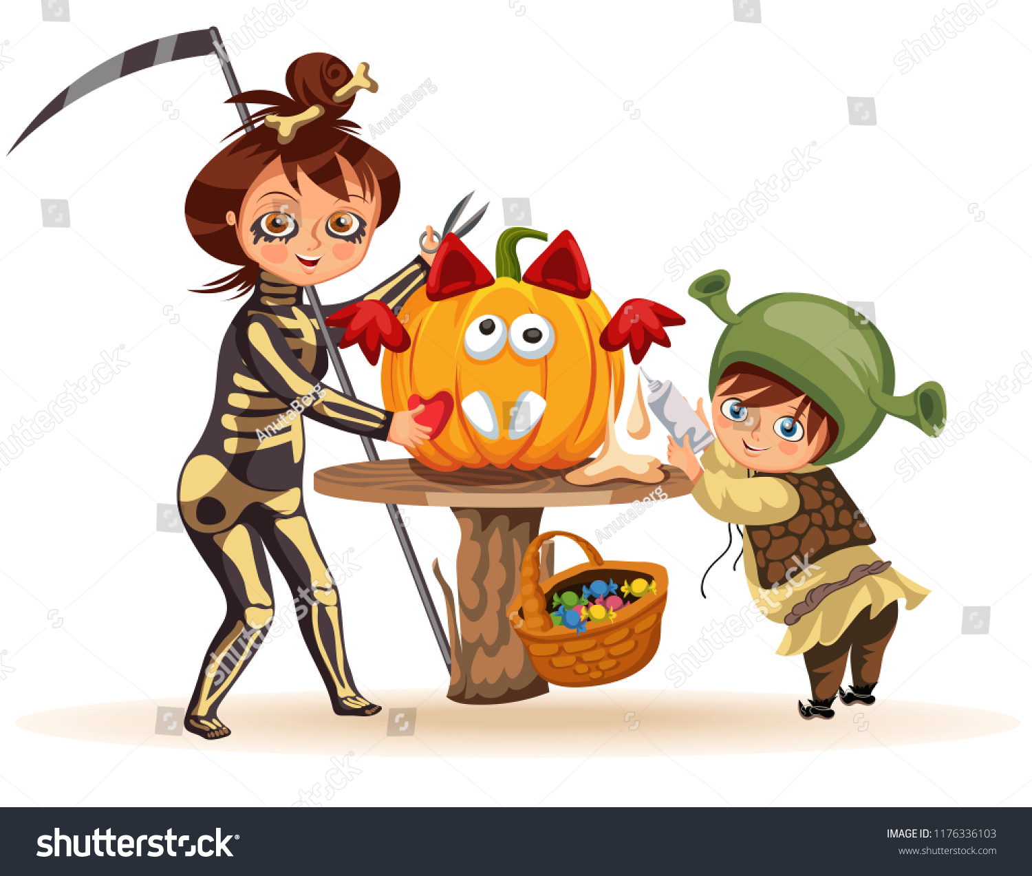 SVG of Mother with son carving Halloween pumpkin poster svg