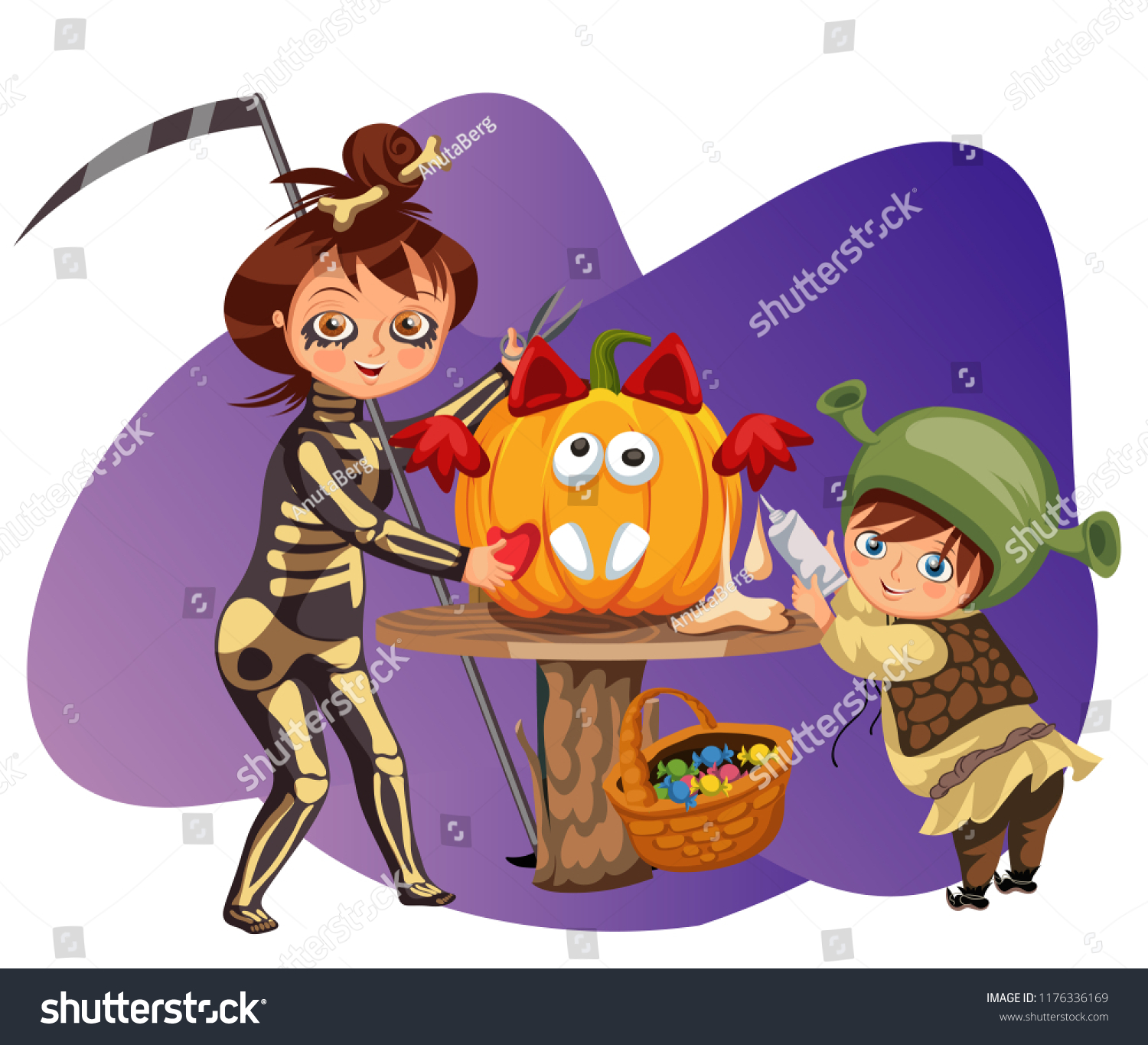SVG of Mother with son carving Halloween pumpkin poster. Cartoon mom and little child dressed in hallows costumes of death and shrek making mystery gourd for All Saints Eve vector illustration. svg