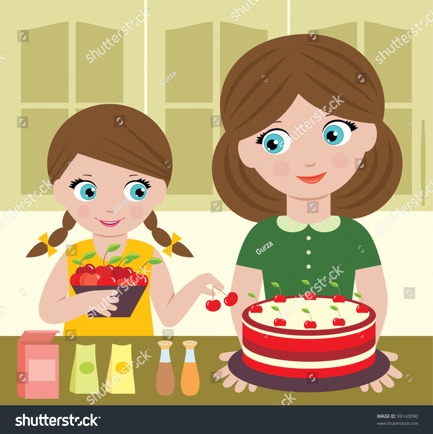 Mother With The Daughter Decorate A Pie With Cherries. Vector ...