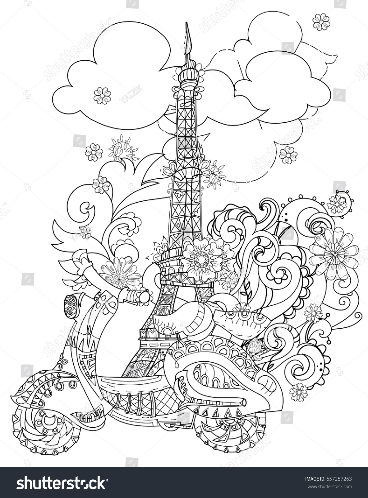 Motor scooter doodle in nice sixties Paris style Hand drawn doodle Vector zen art