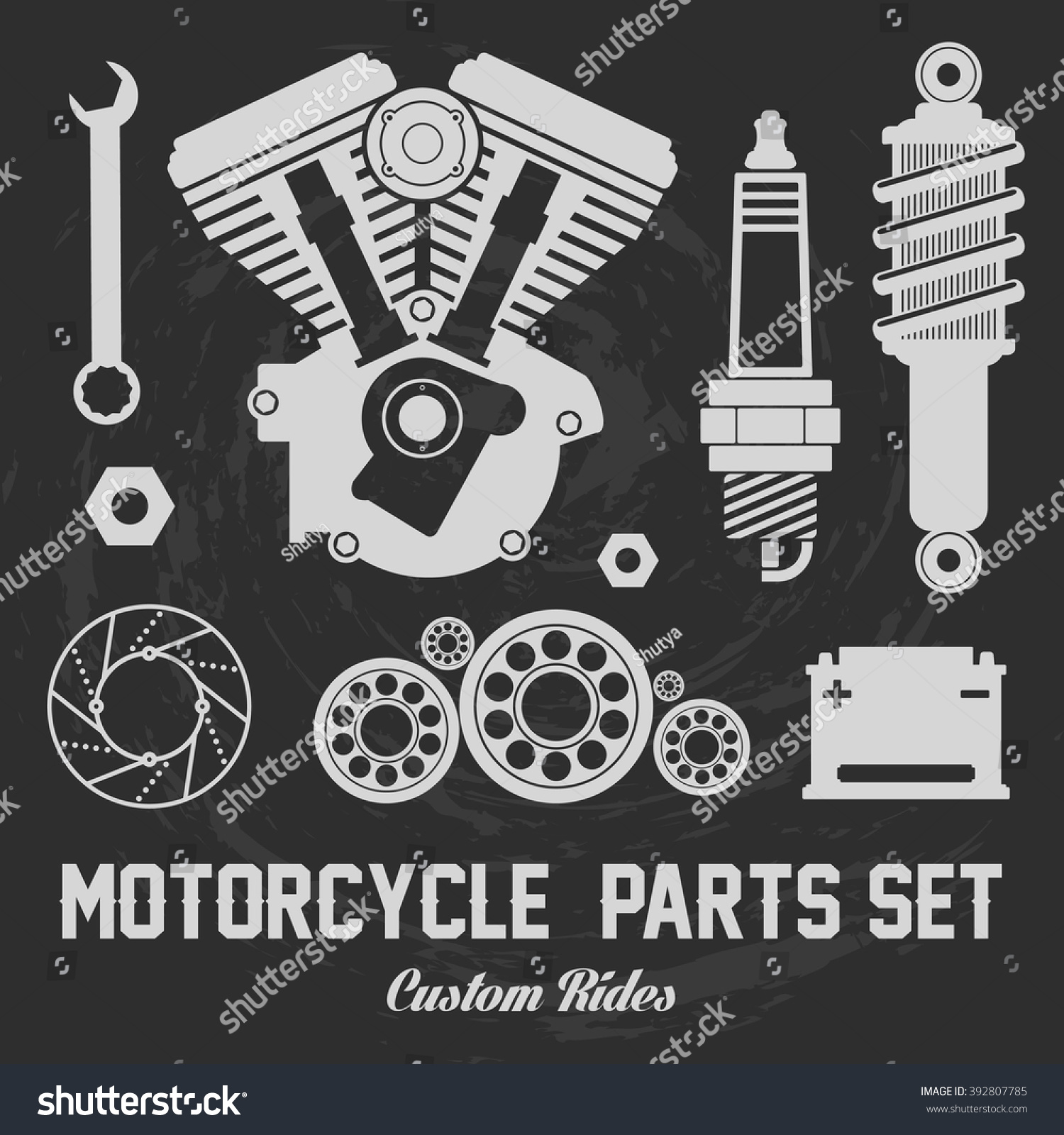 Motorcycle Parts Items Vector Flat Set เวกเตอร์สต็อก ปลอดค่าลิขสิทธิ์