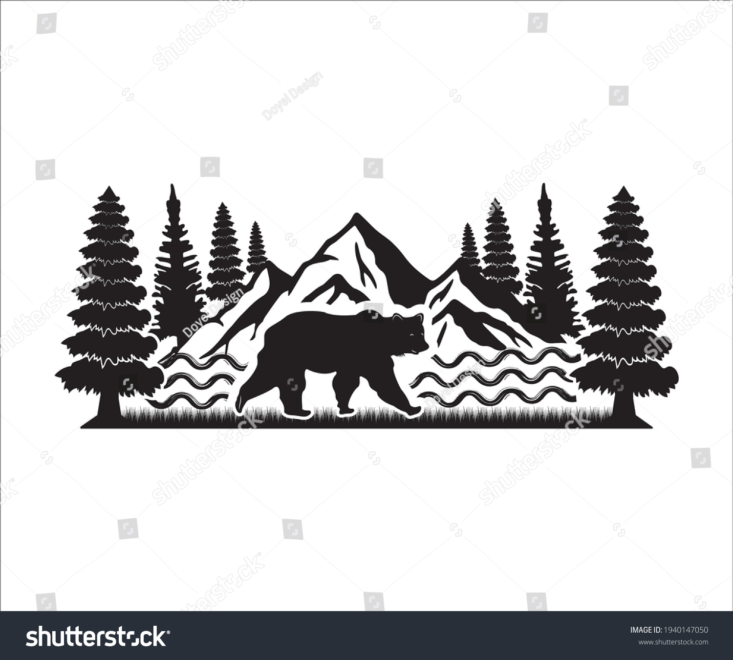 SVG of Mountain And Bear Printable Vector Illustration, Mountain Svg, Bear SVG, Mountain And Bear clipart, Tree Mountain Decoration, Nature Art svg