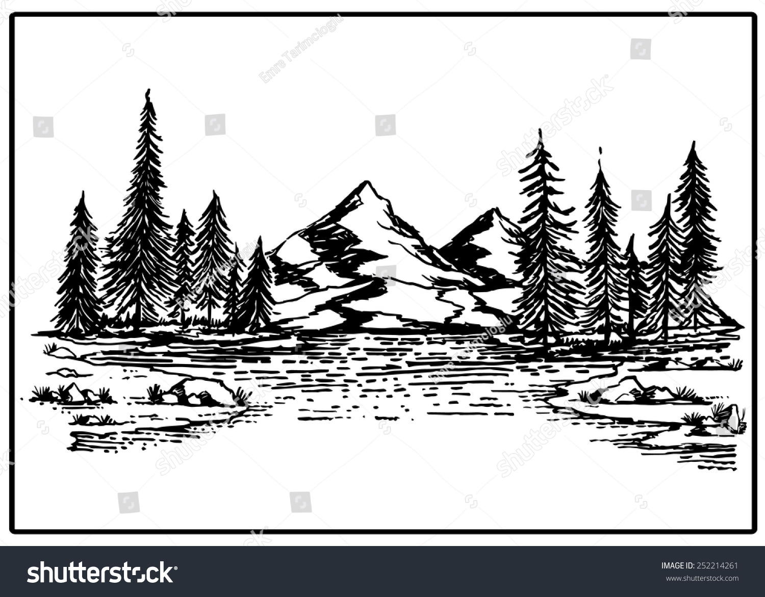Mountain Lake Forest Pine Trees Rock Stock Vector 252214261 - Shutterstock
