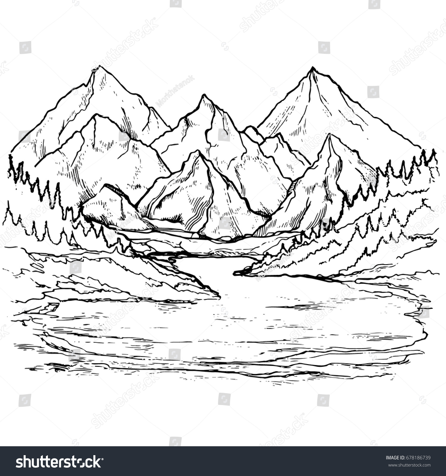 Mountain Lake Landscape Hand Drawn View Stock Vector 678186739 ...