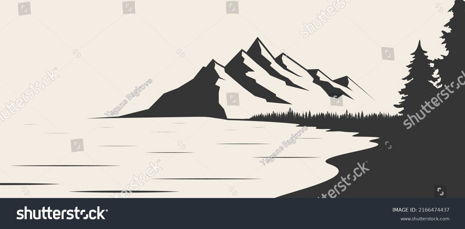 Mountain Lake Silhouette Graphic Art Black Stock Vector (Royalty Free ...