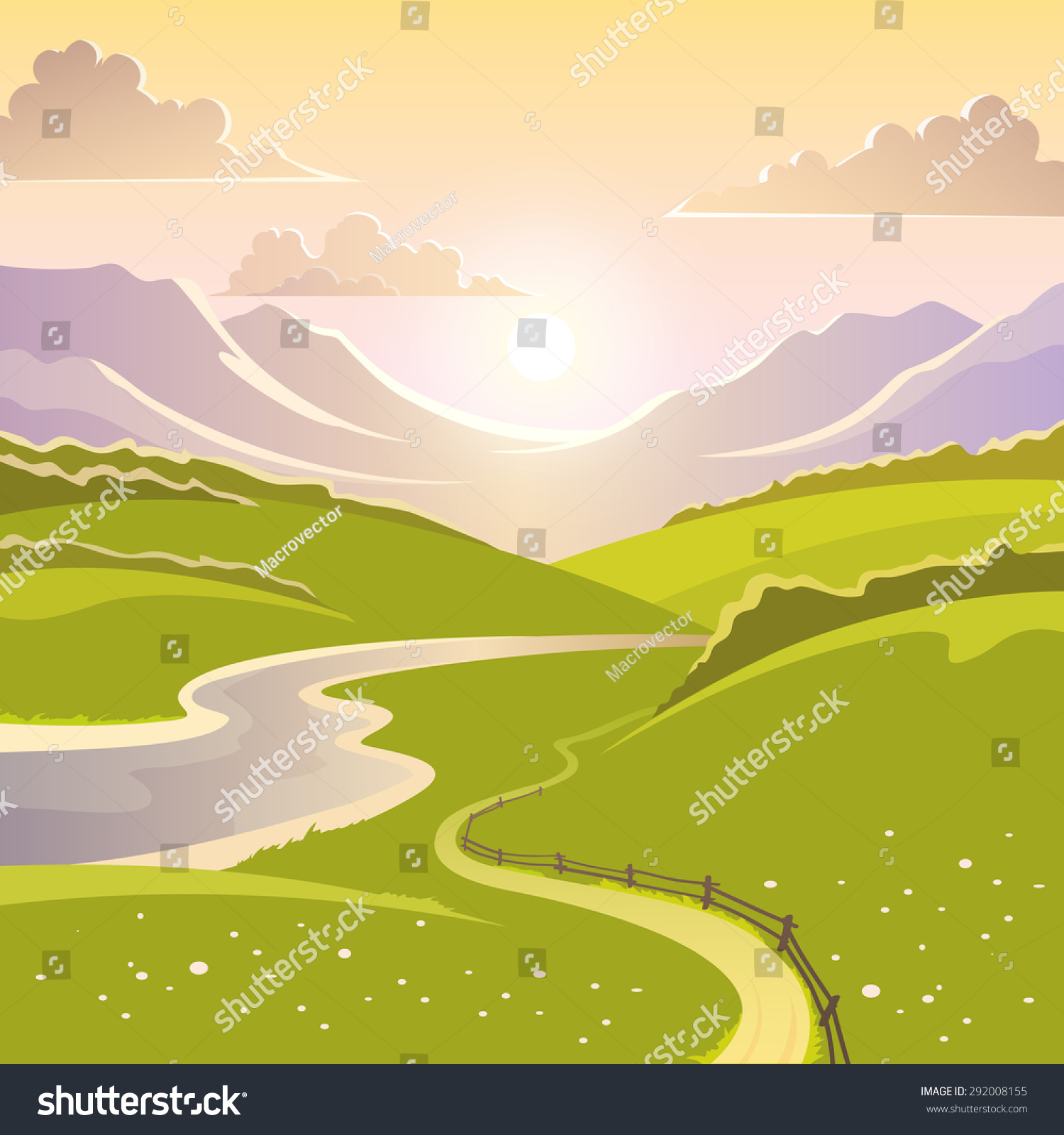 Mountain Landscape Background River Road Meadow Stock Vector 292008155 ...