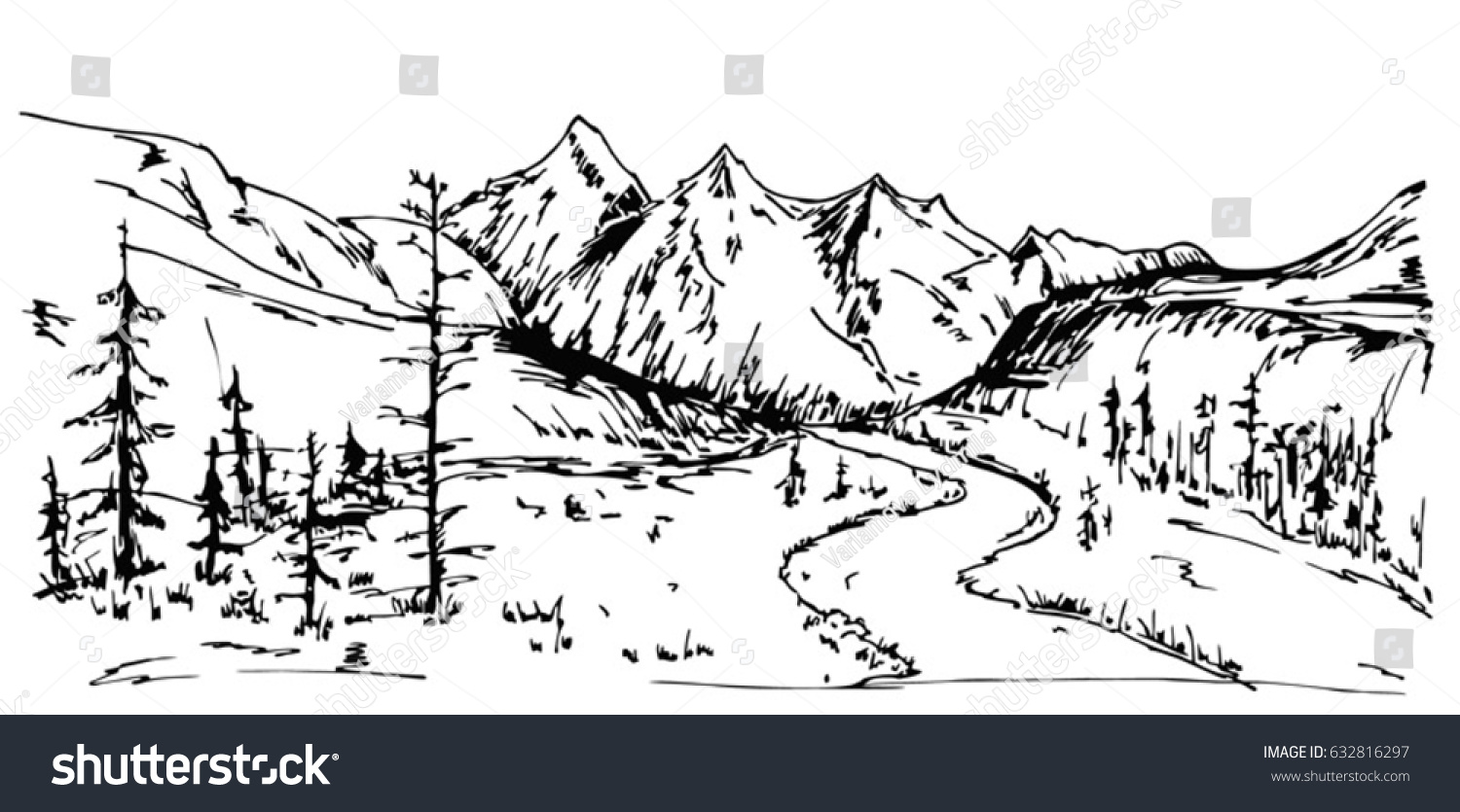 Mountain Landscape Sketch Black White Dashed Stock Vector (Royalty Free ...