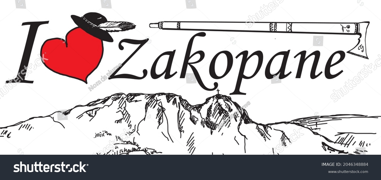 SVG of Mountain landscape with an inscription showing a red heart, buried inscription and highlander elements. Black and white drawing with red svg