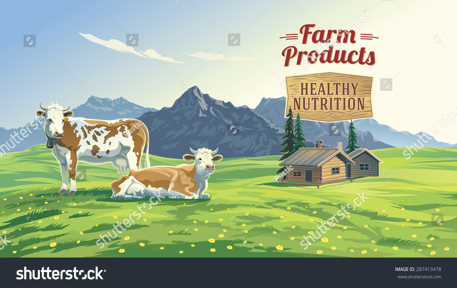 Mountain Landscape Two Cows Village Background Stock Vector 287413478 ...