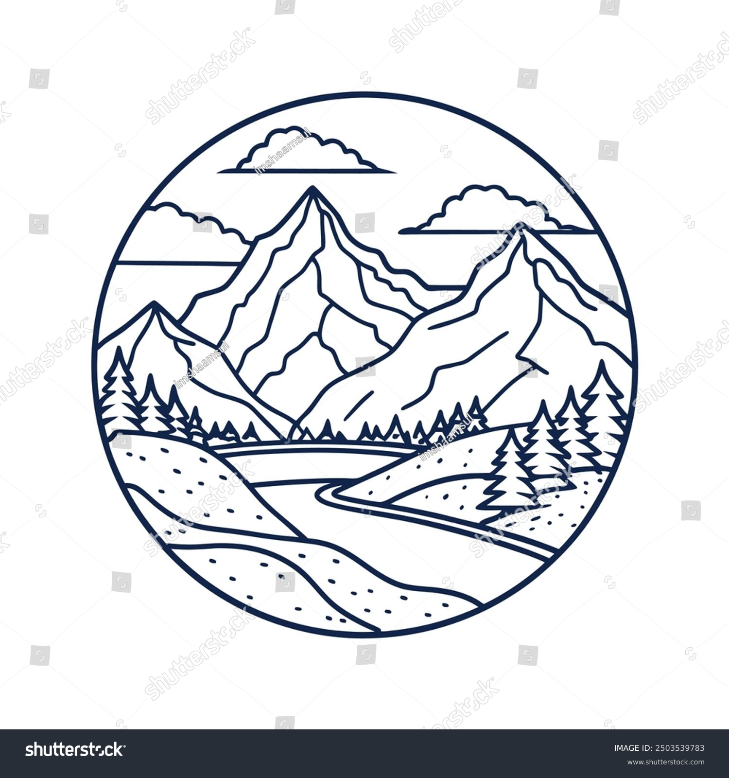 mountain landscape line art in a circle clip art preview