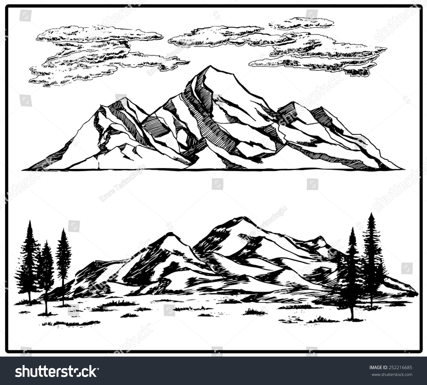 Mountain Pines Trees Sky Landscapes Hand Drawn Vector Illustrations ...