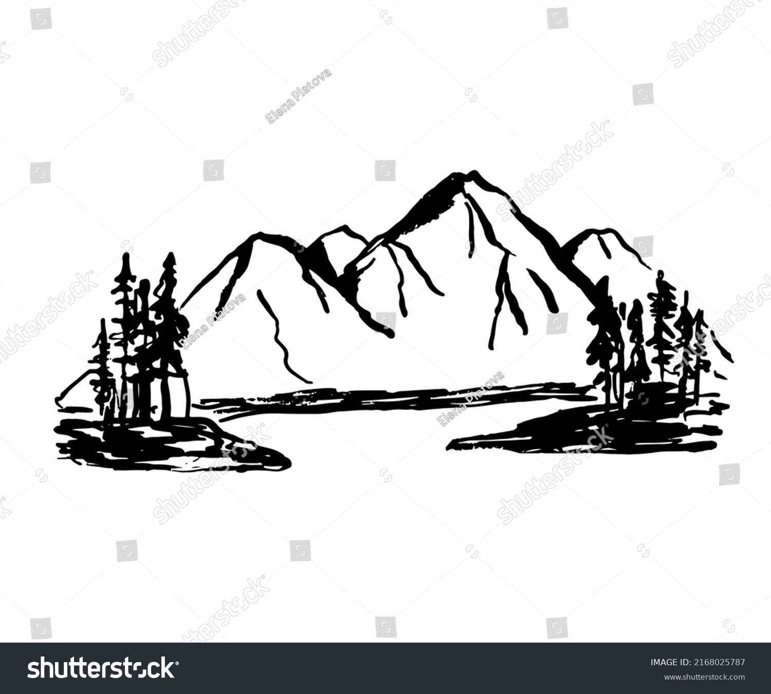 Mountain Ranges Tree Silhouette Sketch Vector Stock Vector (Royalty ...