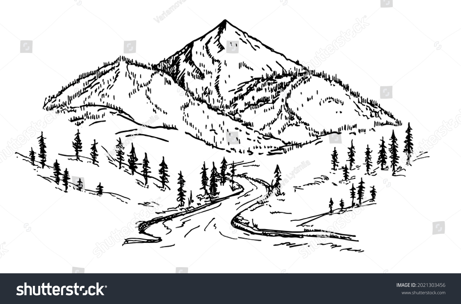 Mountain Sketch Pine Forest Engraving Style Stock Vector (Royalty Free ...