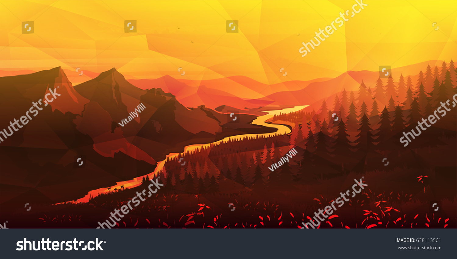 Mountains Forest Polygonal Background Game Wallpaper Stock Vector